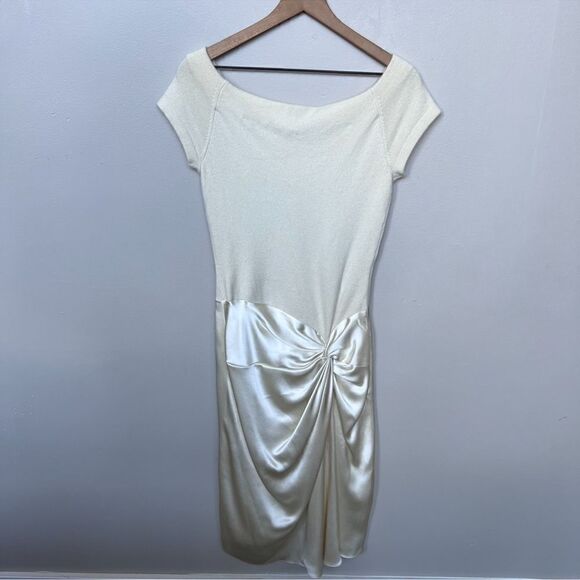 Vintage Kevan Hall Designer Dress Cashmere and Satin Short Sleeve Ivory Cream - Picture 10 of 13